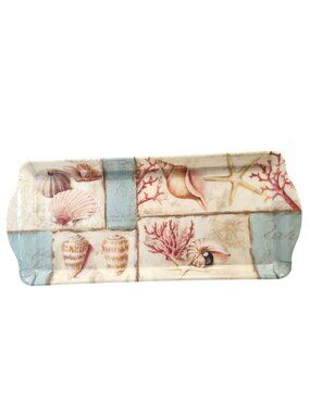 Coastal-Themed Rectangular Serving Tray With Seashell & Coral Design 14" Home Es